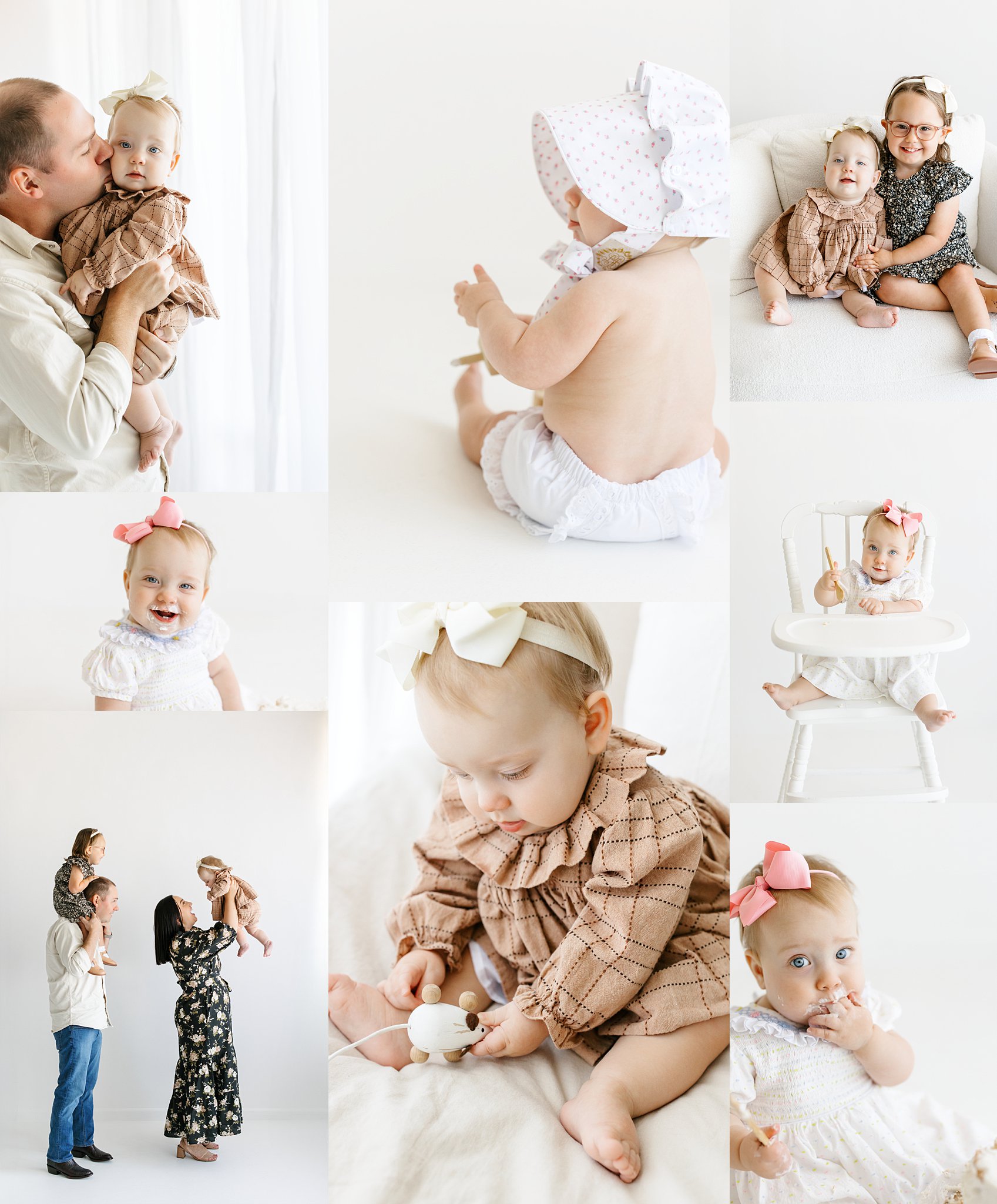 all white studio natural light one year cake smash